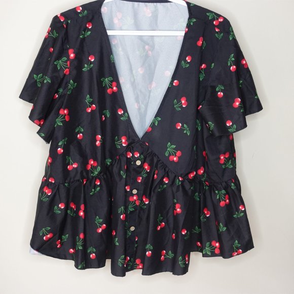 Shein Plus Cherry Print Button Front Peplum Blouse - Picture 1 of 3